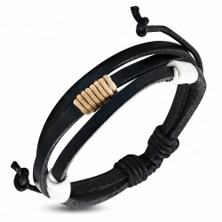 Bracelet ajustable 3 lanière en cuir noir avec corde sable blanche et noire