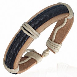 Bracelet ajustable en cuir clair avec tresse de cuir noir et corde noir