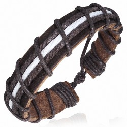 Bracelet ajustable en cuir marron avec 3 lignes de corde chocolat et blanche