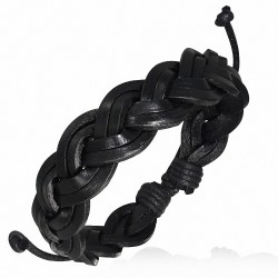 Bracelet ajustable tressé en lanières carrées de cuir noir