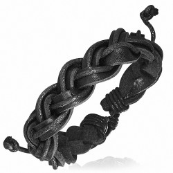 Bracelet ajustable tressé en lanières de cuir noir et corde noire