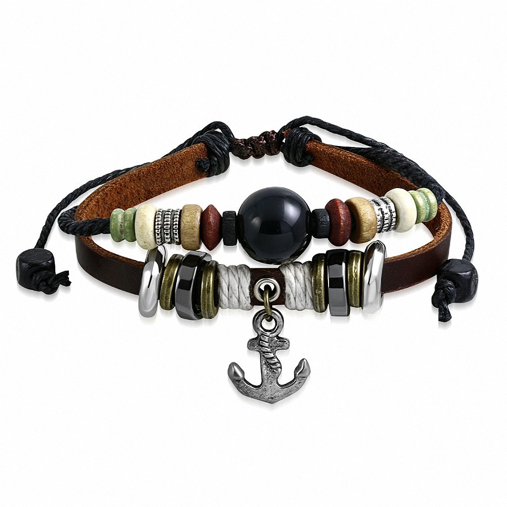 Bracelet ajustable en cuir avec breloque ancre marine et bracelet en cuir tressé Fashion Wrap