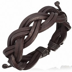 Bracelet ajustable 6 lanières carrées de cuir chocolat tressées