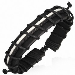 Bracelet ajustable en cuir noir avec cordes noire et blanche