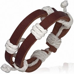 Bracelet ajustable double lanière en cuir brun et cordes blanche