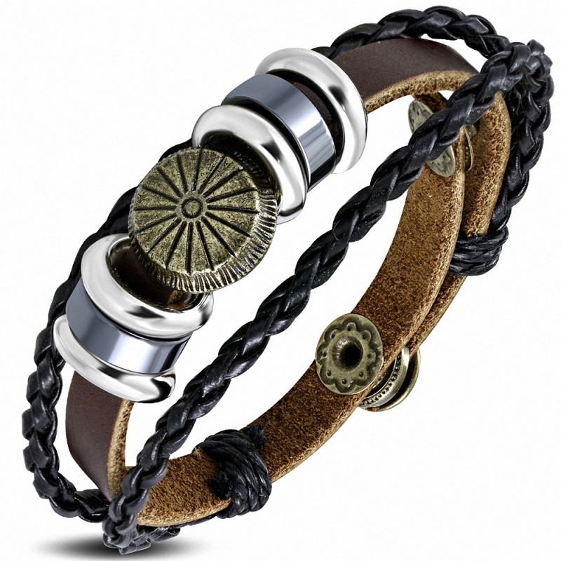 Bracelet triple en cuir tressé avec goujon de fleurs  Triple Wrap Bracelet en cuir brun