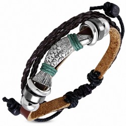 Bracelet réglable en cuir marron  avec triple corde de corde tressée en ganse
