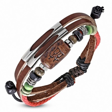 Bracelet ajustable en cuir marron avec perle en corde de bois