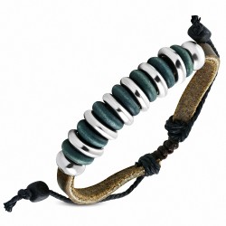 Bracelet ajustable en cuir marron avec perle en bois et corde