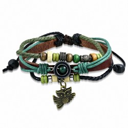 Bracelet ajustable en cuir marron avec breloque perle de hibou en perles de bois  Triple Wrap