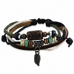 Bracelet en cuir marron réglable avec breloque plume en perles de bois et cordon fantaisie