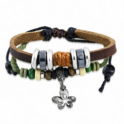 Bracelet ajustable en cuir marron avec breloque en forme de corde de perles multicolores