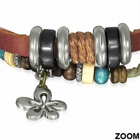 Bracelet ajustable en cuir marron avec breloque en forme de corde de perles multicolores