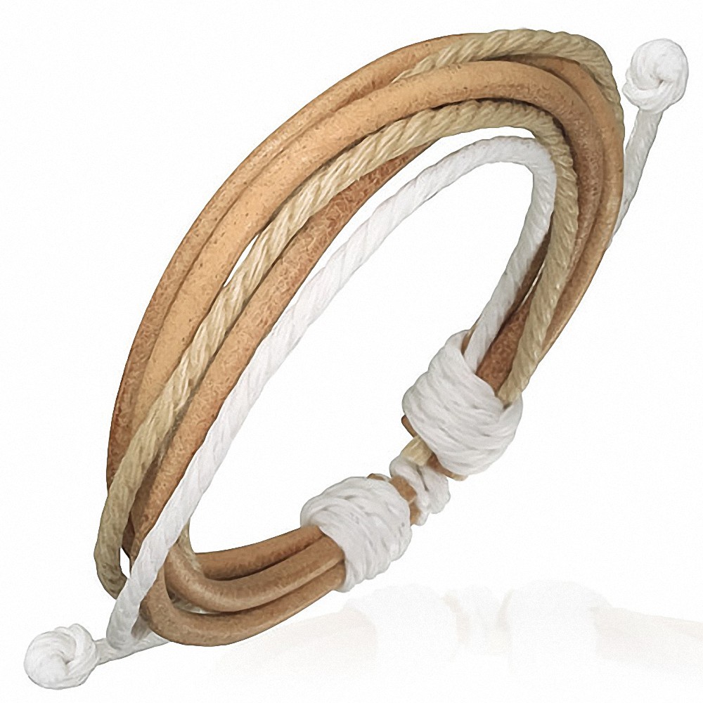 Bracelet ajustable 3 lanières rondes en cuir clair avec corde sable et blanche