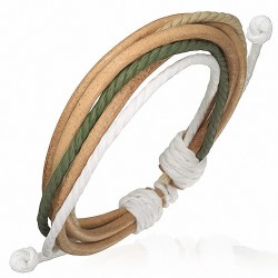 Bracelet ajustable 3 lanières rondes en cuir clair avec corde kaki sable et blanche