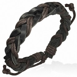 Bracelet ajustable tressé en cuir noir et corde chocolat doublée