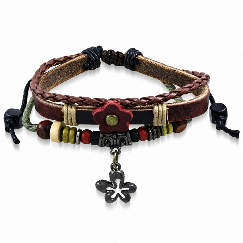 Bracelet en cuir marron ajustable avec bretelles fantaisie  en forme de corde triple et torsadée