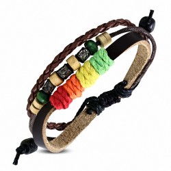 Bracelet en cuir marron réglable en perles multicolores  avec cordon multicolore