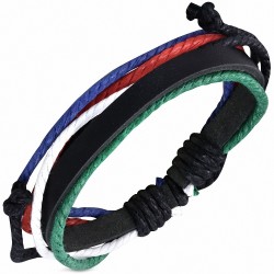 Bracelet ajustable en cuir noir avec corde multicolore