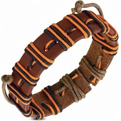 Bracelet ajustable en cuir marron avec cordon fantaisie orange et noir