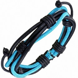 Bracelet ajustable en cuir noir avec corde bleue à lanières fantaisie