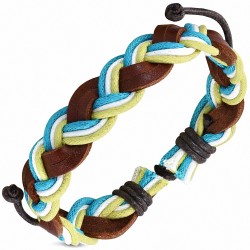 Bracelet ajustable tressé en cuir marron et corde turquoise blanche et vert anis