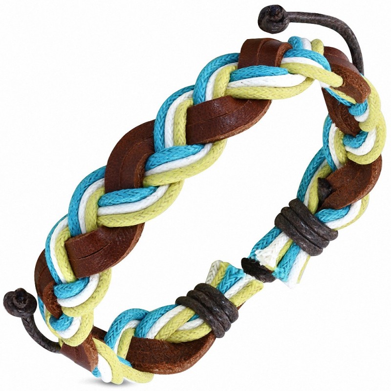 Bracelet ajustable tressé en cuir marron et corde turquoise blanche et vert anis
