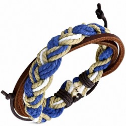 Bracelet ajustable lanières carrées en cuir marron et cordes bleues sable et blanches tressées