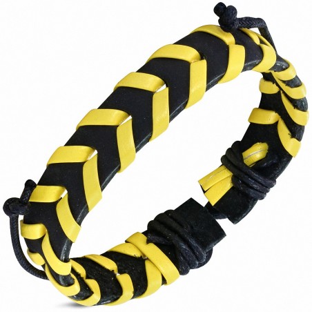 Bracelet ajustable en cuir jaune et noir en corde tressée