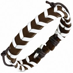 Bracelet ajustable en cuir blanc et marron avec cordon de maintien tressé