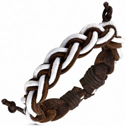 Bracelet ajustable en cuir marron avec corde blanche tressée