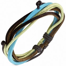 Bracelet ajustable 3 lanières en cuir chocolat et turquoise avec corde vert anis