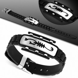 Bracelet en caoutchouc noir avec boucle de ceinture avec signe en zodiaque Scorpion découpé en acier inoxydable