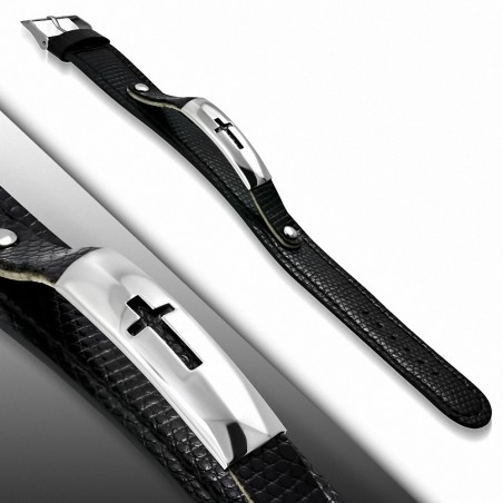 Bracelet en cuir avec boucle de ceinture en cuir avec découpage en acier inoxydable et croix en acier inoxydable