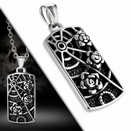 Pendentif motard motard tag Web en acier inoxydable repoussé rose avec repousse de fleur rose