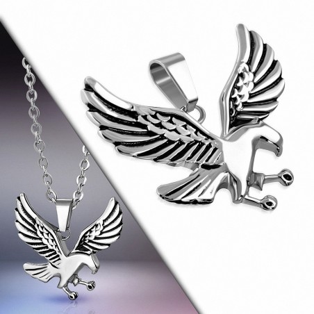 Pendentif aile d'oiseau aigle chauve repoussé 2 tons en acier inoxydable