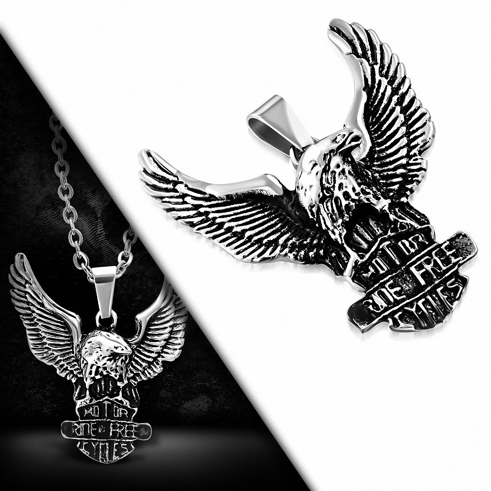 Pendentif motard aile d'oiseau aigle chauve repoussé 2 tons en acier inoxydable