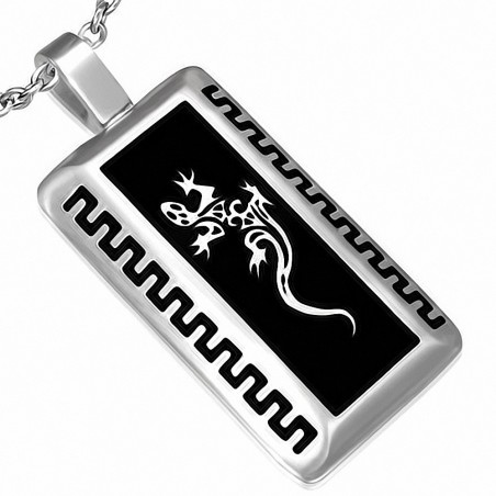 Pendentif en forme de rectangle avec bord biseauté en forme de lézard chanceux en acier inoxydable