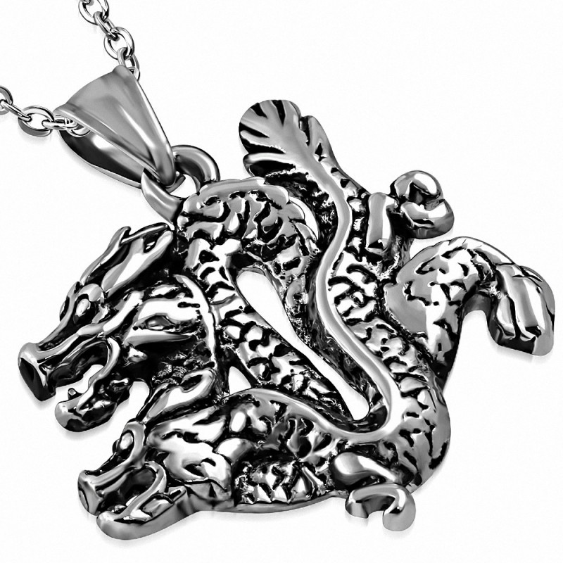 Pendentif motard signe du zodiaque chinois avec deux spirales de dragon en acier inoxydable