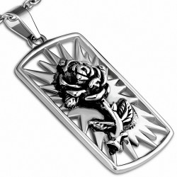 Pendentif de motard d'étiquette de fleur de rose repoussé bicolore en acier inoxydable