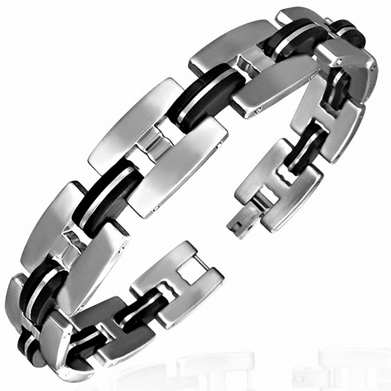 Bracelet à maillons  hommes en acier inoxydable avec caoutchouc noir et géométrique 193