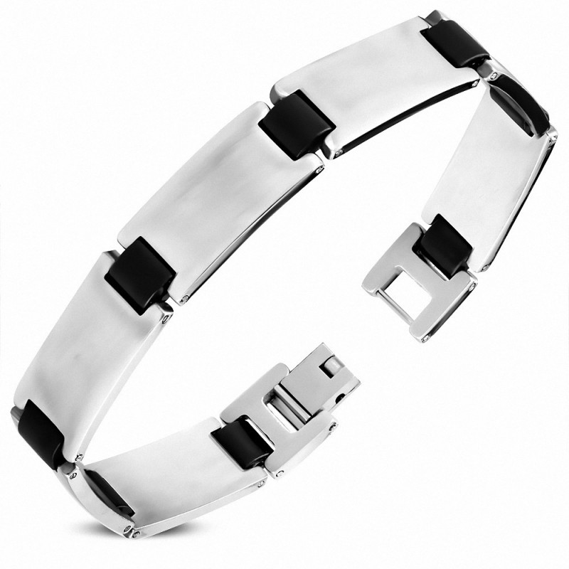 Bracelet haute poli en acier inoxydable avec maillons panthère 2 tons en caoutchouc noir