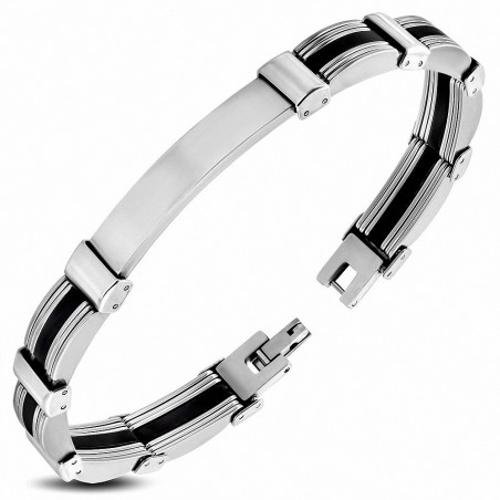 Bracelet de style montre gravable en acier inoxydable avec caoutchouc noir 2 tons C