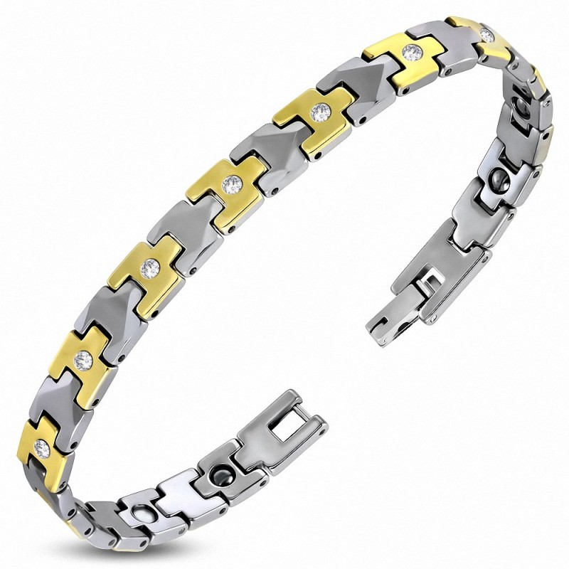 L-19cm W-7mm | Bracelet magnétique à maillons  homme géométrique en carbure de tungstène avec ton clair strass