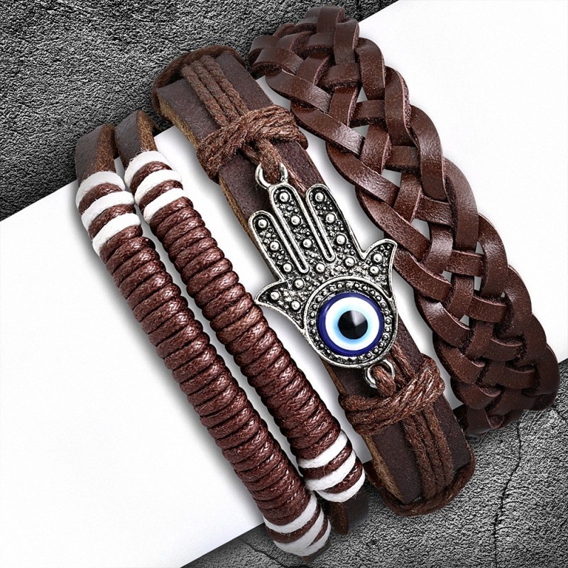 Ensemble de bracelets en cuir chocolat ajustable et breloque mauvais œil