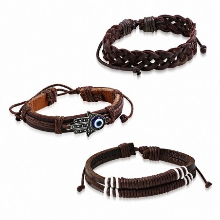 Ensemble de bracelets en cuir chocolat ajustable et breloque mauvais œil