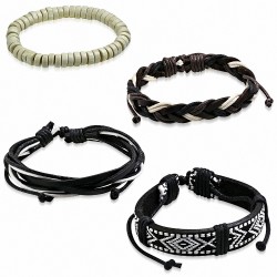 Ensemble de bracelets en cuir noir corde noire chocolat crème et de perles bois crème