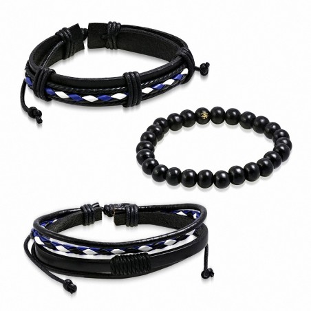 Ensemble de bracelets en cuir noir blanc bleu royal corde noir et de perles bois noires