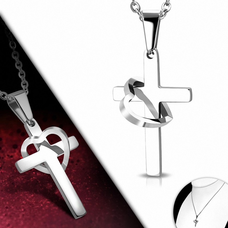 Collier en acier inoxydable à maillons charm avec croix ouverte et cœur ouvert en forme de coeur