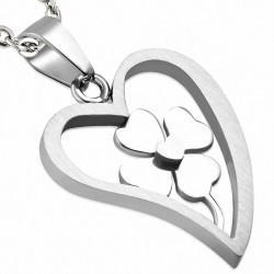 Pendentif coeur ouvert avec coeur en forme de fleur de trèfle irlandais en acier inoxydable